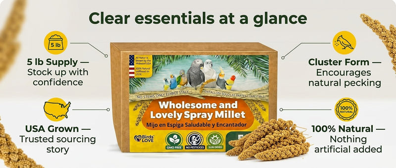 Birds LOVE 25 LB Wholesome Spray Millet for Birds USA Grown, Natural Sun Dried
Millet Sprays Thick Clusters for Parakeets, Budgies, Cockatiels, Conures, Finches &
Parrots