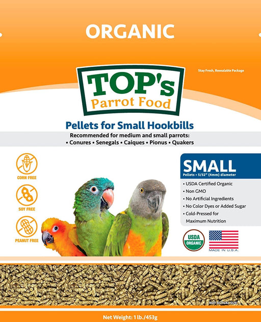 TOP's Parrot Food Bird Pellets for Small Hookbills - Non-GMO, Peanut Soy & Corn Free, USDA Organic Certified - 1 lb oz / 454 g