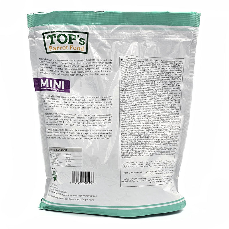 TOP's Parrot Food Mini Pellets Bird Food for Budgies, Cockatiels, Parrotlets, Lovebirds, Parakeets - Non-GMO, Peanut Soy & Corn Free, USDA Organic Certified - 4LBS