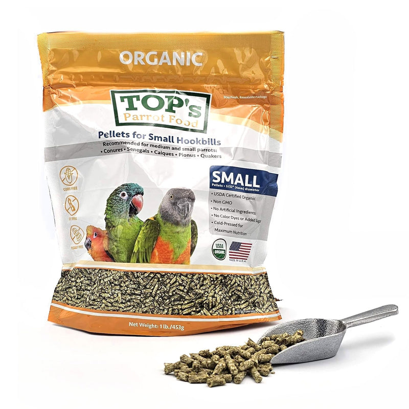 TOP's Parrot Food Bird Pellets for Small Hookbills - Non-GMO, Peanut Soy & Corn Free, USDA Organic Certified (1lb)