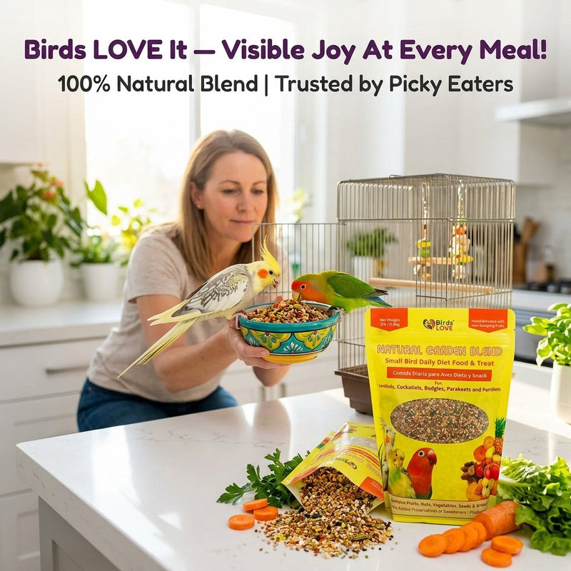 Birds LOVE Natural Garden Blend Bird Food for Small Birds, 4 lb Hand Packed in USA, All Natural Mix with Fruits, Nuts, Vegetables, Seeds & Grains for Lovebirds, Cockatiels, Budgies, Parakeets & Parrotlets