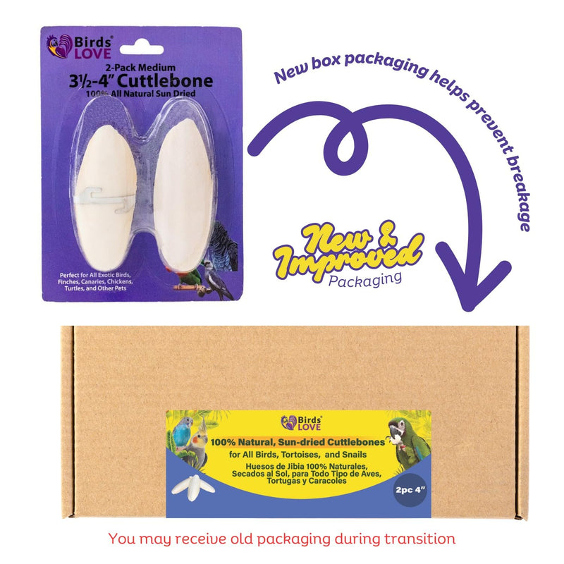 Birds LOVE Natural Cuttlebone | 100% Pure Sun-Dried Calcium Supplement for Birds, Tortoises, Snails & Crabs | Supports Beak & Shell Health | Easy to Chew | 2 Pack, Size 3.5 to 4"