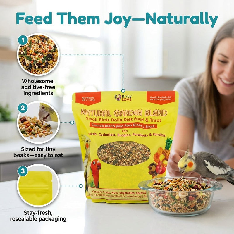 Birds LOVE Natural Garden Blend Bird Food for Small Birds, 4 lb Hand Packed in USA, All Natural Mix with Fruits, Nuts, Vegetables, Seeds & Grains for Lovebirds, Cockatiels, Budgies, Parakeets & Parrotlets