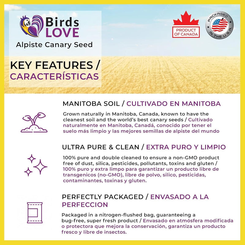 Birds LOVE Alpiste Canary Seed – 100% Pure, Non-GMO, Double Cleaned Food for Canaries, Finches, Budgies & Parakeets – No Additives, Bird Feed, 5 lbs