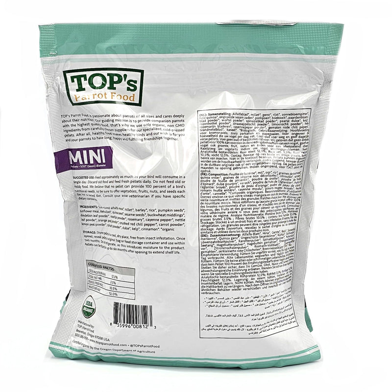 TOP's Parrot Food Mini Pellets Bird Food for Budgies, Cockatiels, Parrotlets, Lovebirds, Parakeets - Non-GMO, Peanut Soy & Corn Free, USDA Organic Certified - 1 lb