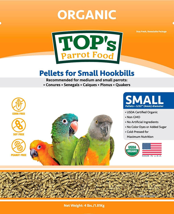 TOP's Parrot Food Bird Pellets for Small Hookbills - Non-GMO, Peanut Soy & Corn Free, USDA Organic Certified - 4 lb