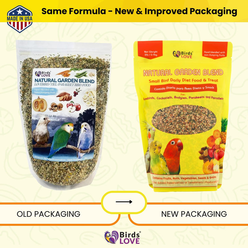 Birds LOVE Natural Garden Blend Bird Food for Small Birds, 4 lb Hand Packed in USA, All Natural Mix with Fruits, Nuts, Vegetables, Seeds & Grains for Lovebirds, Cockatiels, Budgies, Parakeets & Parrotlets