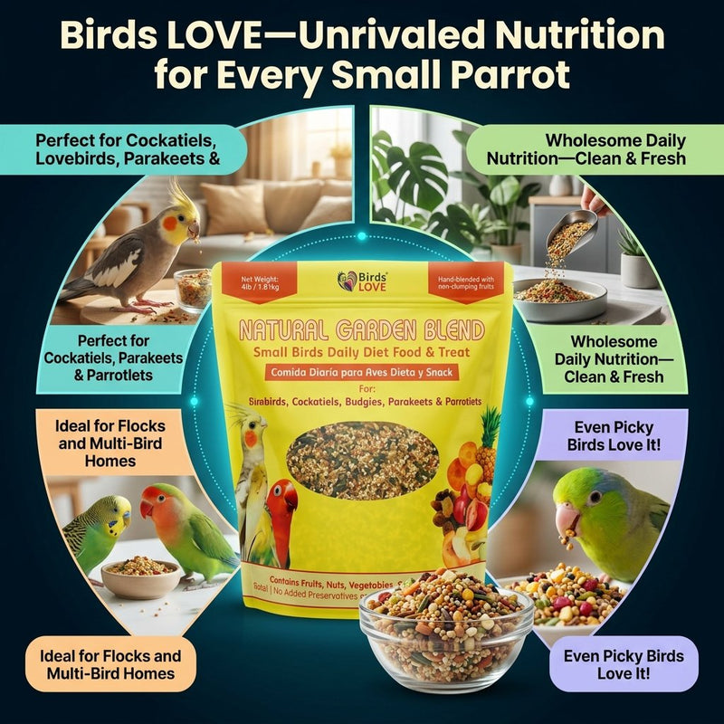 Birds LOVE Natural Garden Blend Bird Food for Small Birds, 4 lb Hand Packed in USA, All Natural Mix with Fruits, Nuts, Vegetables, Seeds & Grains for Lovebirds, Cockatiels, Budgies, Parakeets & Parrotlets