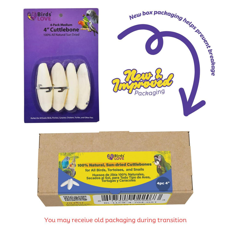 Birds LOVE 4-Piece Natural Cuttlebone 3.5–4-Inch with Holder – Natural Calcium & Trace Mineral Block for Birds & Reptiles – Beak-Trimming Chew Supplement – Safe, 100% Pure, No Fillers