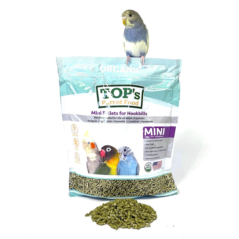 TOP's Parrot Food Mini Pellets Bird Food for Budgies, Cockatiels, Parrotlets, Lovebirds, Parakeets - Non-GMO, Peanut Soy & Corn Free, USDA Organic Certified - 1 lb