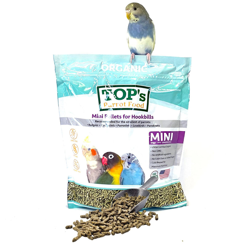 TOP's Parrot Food Mini Pellets Bird Food for Budgies, Cockatiels, Parrotlets, Lovebirds, Parakeets - Non-GMO, Peanut Soy & Corn Free, USDA Organic Certified - 4LBS