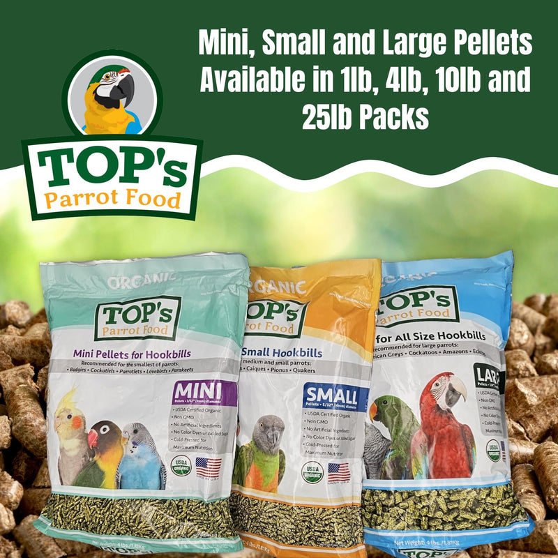TOP's Parrot Food Bird Pellets for Small Hookbills - Non-GMO, Peanut Soy & Corn Free, USDA Organic Certified - 25 lb Bag