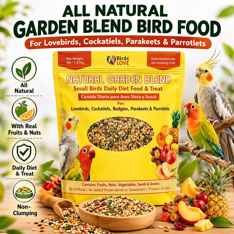Birds LOVE Natural Garden Blend Bird Food for Small Birds, 4 lb Hand Packed in USA, All Natural Mix with Fruits, Nuts, Vegetables, Seeds & Grains for Lovebirds, Cockatiels, Budgies, Parakeets & Parrotlets