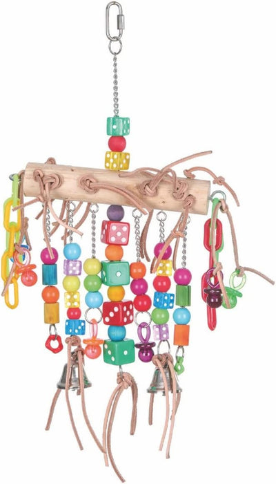 Birds LOVE Hanging Leather Bird Toy with Acrylic Beads, Wooden Blocks and Plastic Chain for Medium to Large Parrots, Conures, Caiques, African Grey, Amazon, Eclectus, Cockatoos, Macaws