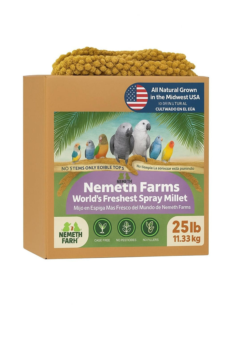 Nemeth Farms- GMO-Free Sun Dried Spray Millet | (No Stems Only Edible Tops) The Original Bird Treat and Supplement for All Pet Birds Parakeets, Cockatiels, Lovebirds and Finches 25lbs