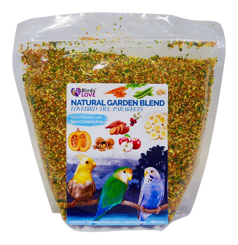 Birds LOVE Natural Garden Blend Bird Food for Small Birds, 4 lb Hand Packed in USA, All Natural Mix with Fruits, Nuts, Vegetables, Seeds & Grains for Lovebirds, Cockatiels, Budgies, Parakeets & Parrotlets
