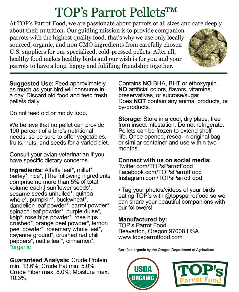 TOP's Parrot Food Bird Pellets for Small Hookbills - Non-GMO, Peanut Soy & Corn Free, USDA Organic Certified - 25 lb Bag
