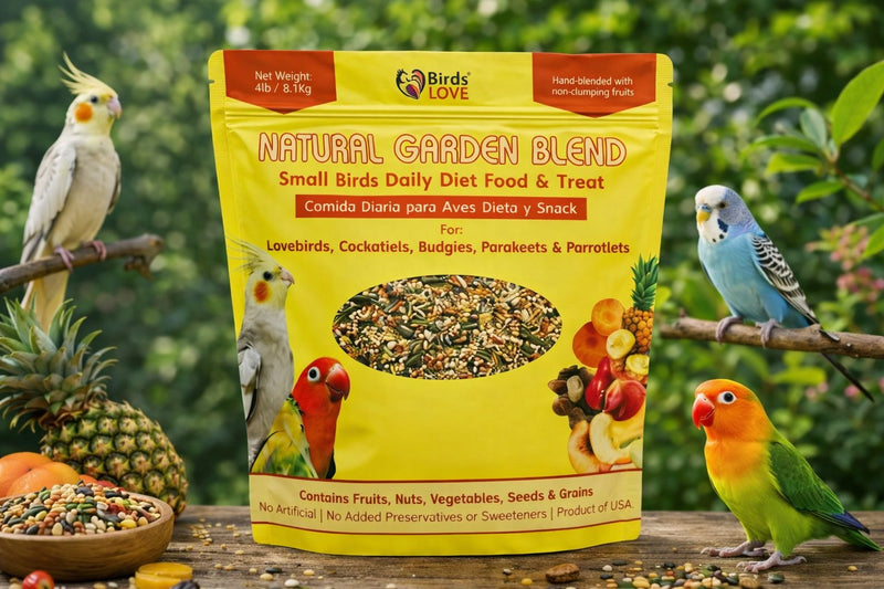 Birds LOVE Natural Garden Blend Bird Food for Small Birds, 4 lb Hand Packed in USA, All Natural Mix with Fruits, Nuts, Vegetables, Seeds & Grains for Lovebirds, Cockatiels, Budgies, Parakeets & Parrotlets
