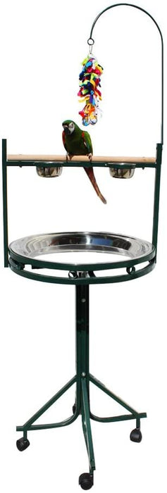 Birds LOVE Stainless Steel Tray, Non-Toxic, Powder Coated Parrot Playstand with Perch, Toy Hook and Stainless Steel Cups (Green)