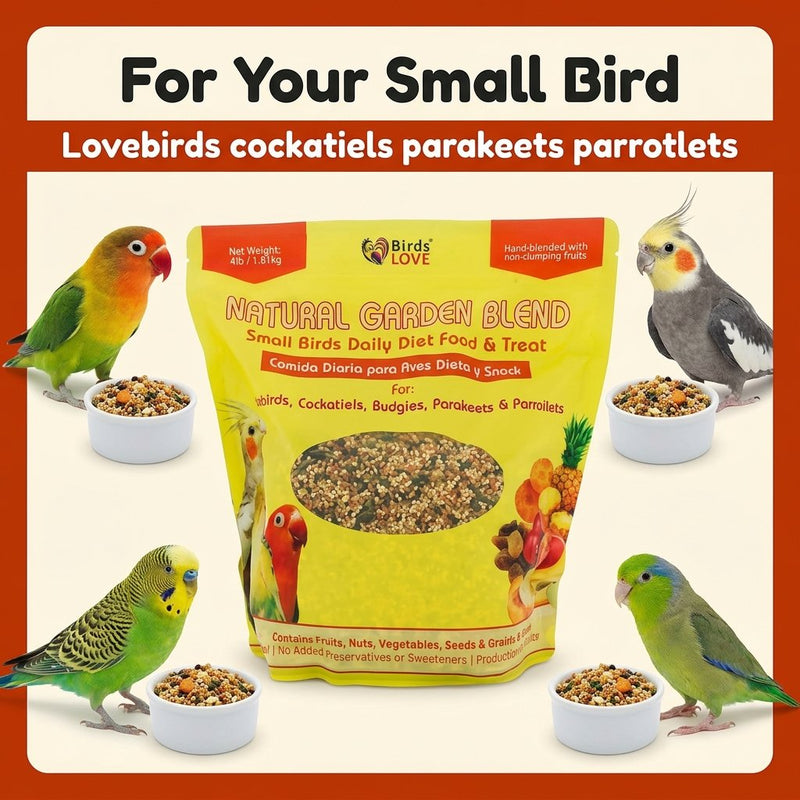 Birds LOVE Natural Garden Blend Bird Food for Small Birds, 4 lb Hand Packed in USA, All Natural Mix with Fruits, Nuts, Vegetables, Seeds & Grains for Lovebirds, Cockatiels, Budgies, Parakeets & Parrotlets