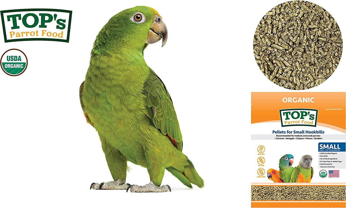 TOP's Parrot Food Bird Pellets for Small Hookbills - Non-GMO, Peanut Soy & Corn Free, USDA Organic Certified - 1 lb oz / 454 g