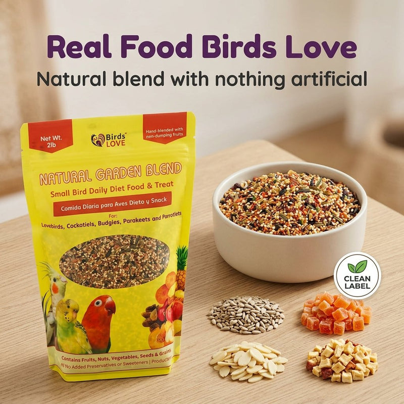 Birds LOVE Natural Garden Blend Bird Food for Small Birds, 4 lb Hand Packed in USA, All Natural Mix with Fruits, Nuts, Vegetables, Seeds & Grains for Lovebirds, Cockatiels, Budgies, Parakeets & Parrotlets