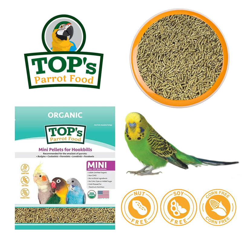TOP's Parrot Food Mini Pellets Bird Food for Budgies, Cockatiels, Parrotlets, Lovebirds, Parakeets - Non-GMO, Peanut Soy & Corn Free, USDA Organic Certified - 1 lb