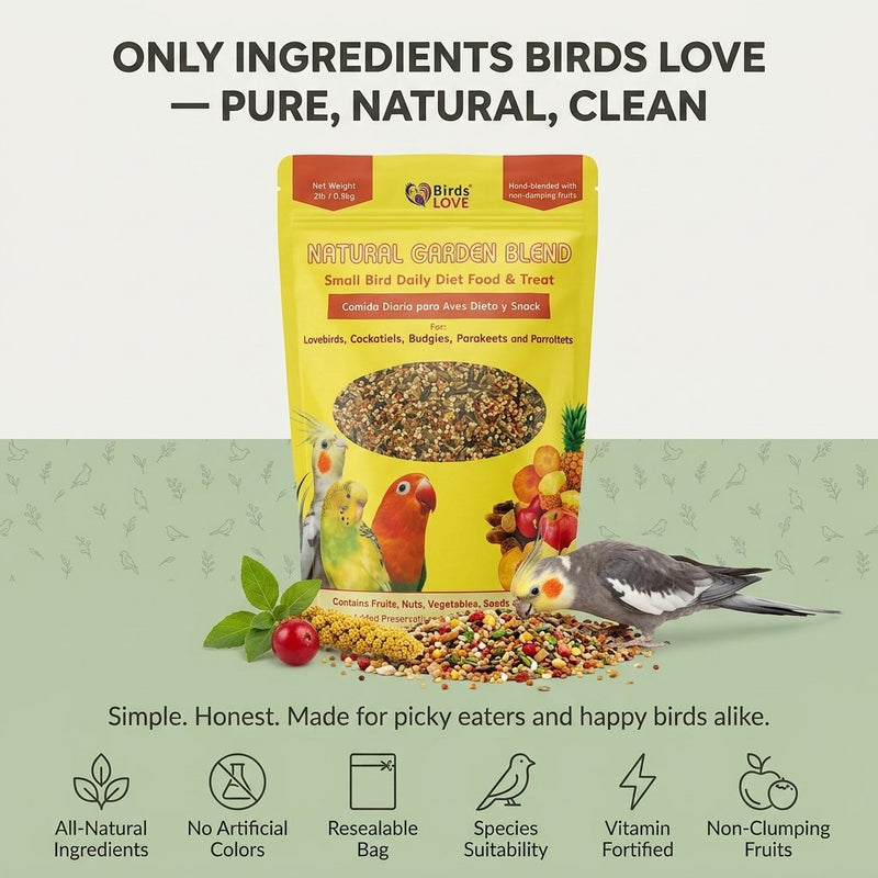 Birds LOVE Natural Garden Blend Bird Food for Small Birds, 4 lb Hand Packed in USA, All Natural Mix with Fruits, Nuts, Vegetables, Seeds & Grains for Lovebirds, Cockatiels, Budgies, Parakeets & Parrotlets