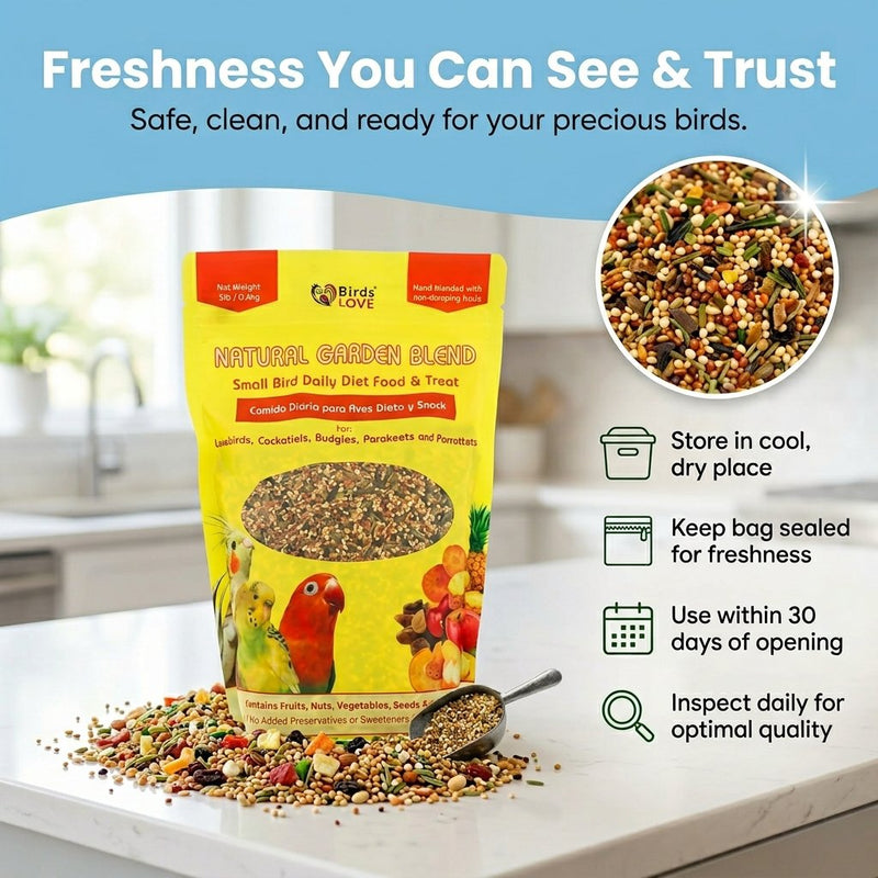 Birds LOVE Natural Garden Blend Bird Food for Small Birds, 4 lb Hand Packed in USA, All Natural Mix with Fruits, Nuts, Vegetables, Seeds & Grains for Lovebirds, Cockatiels, Budgies, Parakeets & Parrotlets
