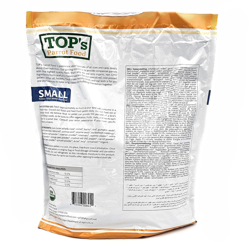 TOP's Parrot Food Bird Pellets for Small Hookbills - Non-GMO, Peanut Soy & Corn Free, USDA Organic Certified (1lb)