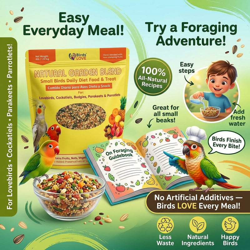 Birds LOVE Natural Garden Blend Bird Food for Small Birds, 4 lb Hand Packed in USA, All Natural Mix with Fruits, Nuts, Vegetables, Seeds & Grains for Lovebirds, Cockatiels, Budgies, Parakeets & Parrotlets