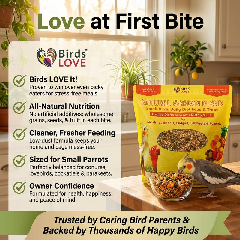 Birds LOVE Natural Garden Blend Bird Food for Small Birds, 4 lb Hand Packed in USA, All Natural Mix with Fruits, Nuts, Vegetables, Seeds & Grains for Lovebirds, Cockatiels, Budgies, Parakeets & Parrotlets