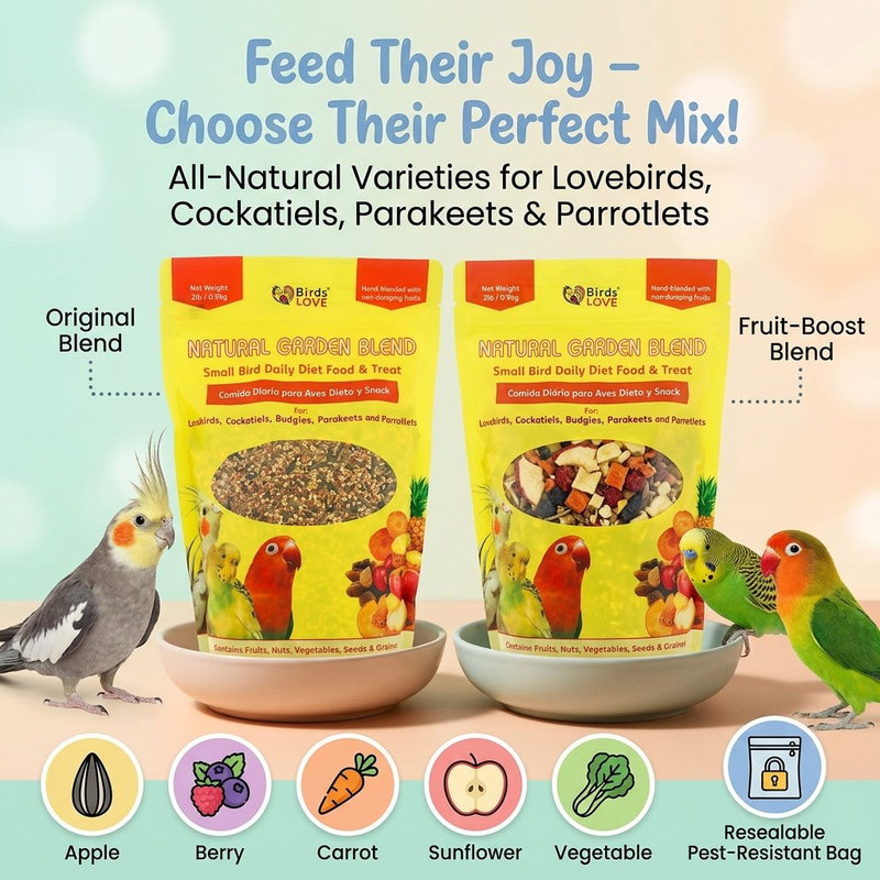 Birds LOVE Natural Garden Blend Bird Food for Small Birds, 4 lb Hand Packed in USA, All Natural Mix with Fruits, Nuts, Vegetables, Seeds & Grains for Lovebirds, Cockatiels, Budgies, Parakeets & Parrotlets