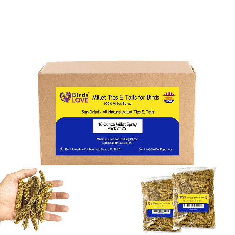 Birds LOVE Millet Tips & Tails for Birds - Parakeets, Cockatiels, Lovebirds, Budgies, Canaries, Cockatoos - Natural & Healthy Millet for Bird, Parakeet Food & Treats for All Parrots, 1lb (Pack of 25)