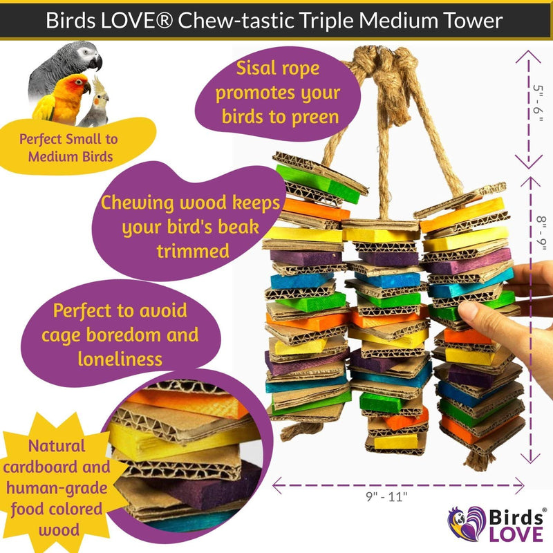 Birds LOVE Chew-Tastic Triple Tower of Shredded Fun Medium Bird Toy for African Grey Conures Sun Conures Caiques Senegals Small Cockatoos Quakers and