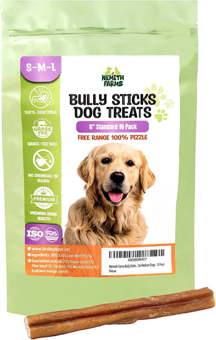 Nemeth Farms Bully Sticks for Dogs - 6" Dog Bully Sticks for Large Dogs, Standard Beef Bully Sticks for Small Dogs - Odorless Dog Chews Bully Sticks for Puppies, Bully Sticks for Medium Dogs - 10 Pack