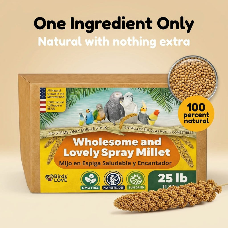 Birds LOVE 25 LB Wholesome Spray Millet for Birds USA Grown, Natural Sun Dried
Millet Sprays Thick Clusters for Parakeets, Budgies, Cockatiels, Conures, Finches &
Parrots