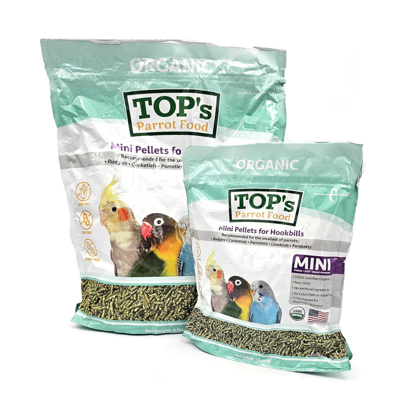 TOP's Parrot Food Mini Pellets Bird Food for Budgies, Cockatiels, Parrotlets, Lovebirds, Parakeets - Non-GMO, Peanut Soy & Corn Free, USDA Organic Certified - 1 lb