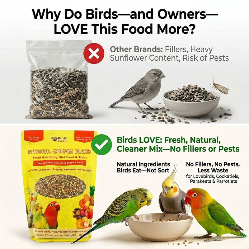 Birds LOVE Natural Garden Blend Bird Food for Small Birds, 4 lb Hand Packed in USA, All Natural Mix with Fruits, Nuts, Vegetables, Seeds & Grains for Lovebirds, Cockatiels, Budgies, Parakeets & Parrotlets