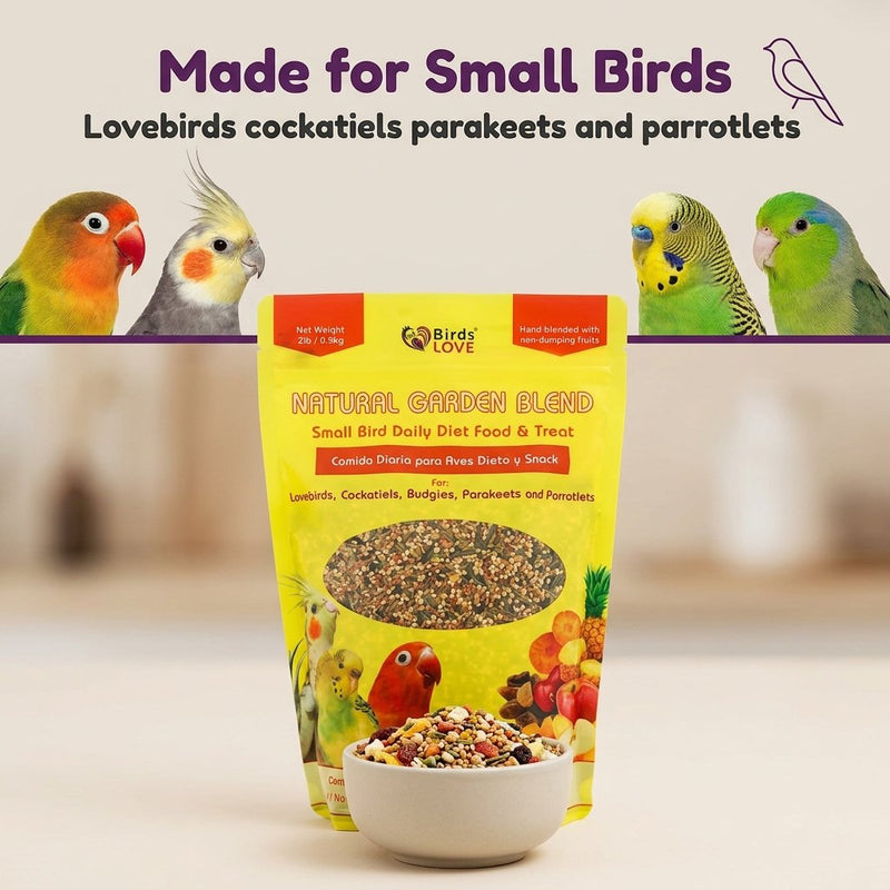 Birds LOVE Natural Garden Blend Bird Food for Small Birds, 4 lb Hand Packed in USA, All Natural Mix with Fruits, Nuts, Vegetables, Seeds & Grains for Lovebirds, Cockatiels, Budgies, Parakeets & Parrotlets