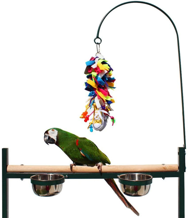 Birds LOVE Stainless Steel Tray, Non-Toxic, Powder Coated Parrot Playstand with Perch, Toy Hook and Stainless Steel Cups (Green)