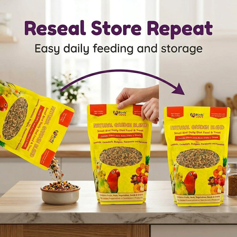 Birds LOVE Natural Garden Blend Bird Food for Small Birds, 4 lb Hand Packed in USA, All Natural Mix with Fruits, Nuts, Vegetables, Seeds & Grains for Lovebirds, Cockatiels, Budgies, Parakeets & Parrotlets
