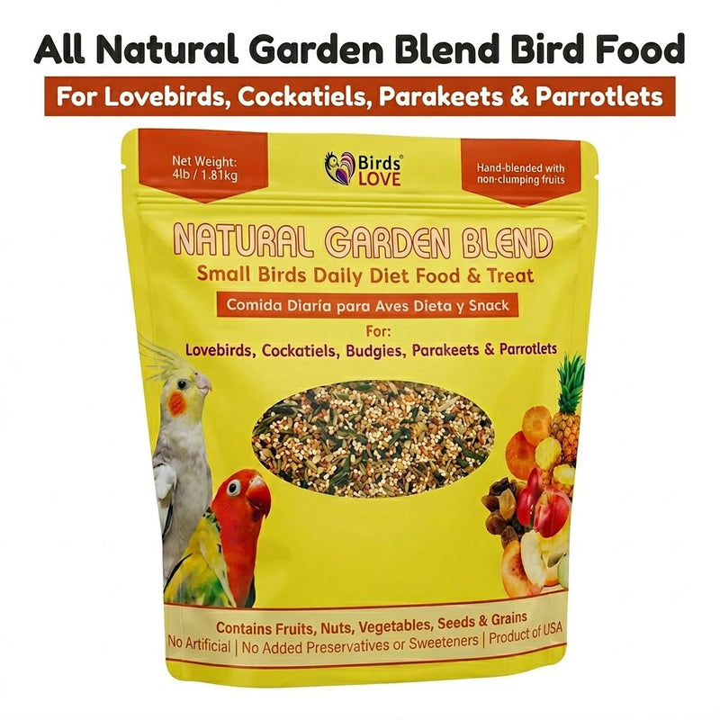 Birds LOVE Natural Garden Blend Bird Food for Small Birds, 4 lb Hand Packed in USA, All Natural Mix with Fruits, Nuts, Vegetables, Seeds & Grains for Lovebirds, Cockatiels, Budgies, Parakeets & Parrotlets