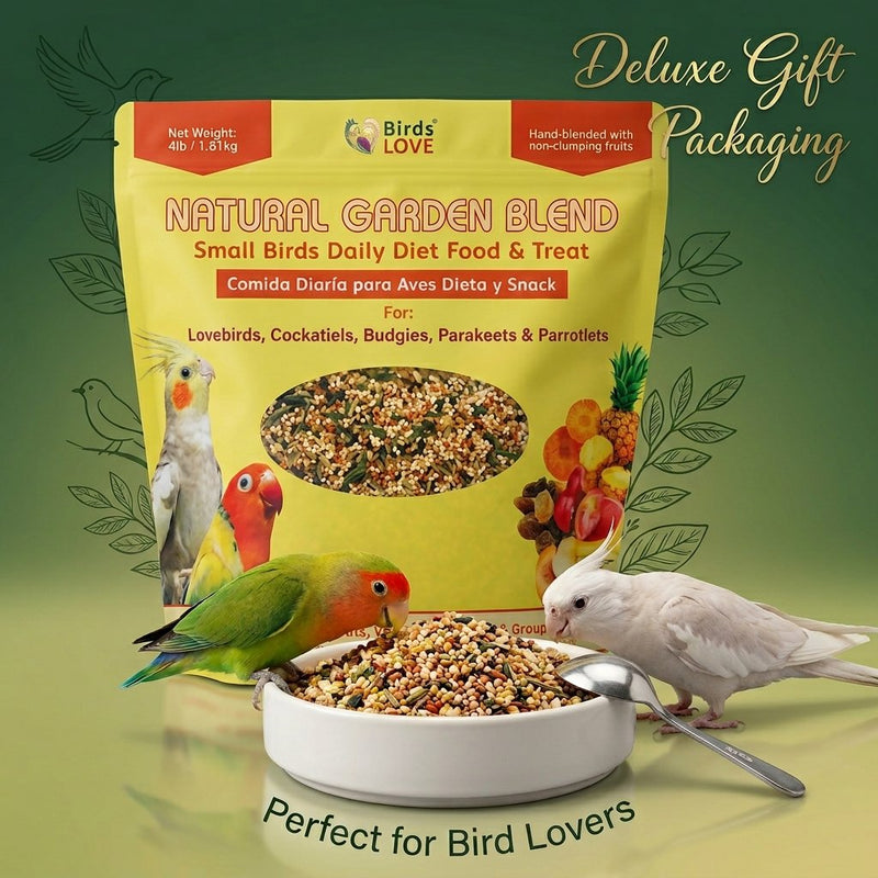 Birds LOVE Natural Garden Blend Bird Food for Small Birds, 4 lb Hand Packed in USA, All Natural Mix with Fruits, Nuts, Vegetables, Seeds & Grains for Lovebirds, Cockatiels, Budgies, Parakeets & Parrotlets