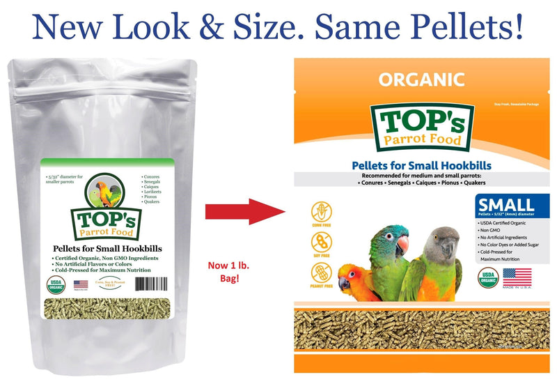 TOP's Parrot Food Bird Pellets for Small Hookbills - Non-GMO, Peanut Soy & Corn Free, USDA Organic Certified (1lb)