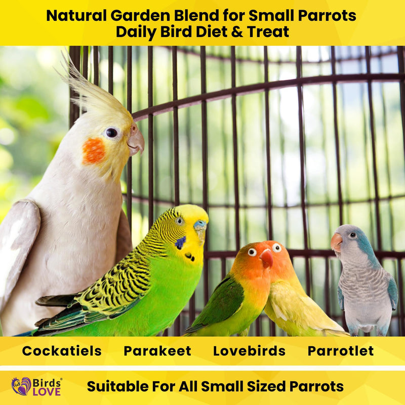 Birds LOVE Natural Garden Blend Bird Food for Small Birds, 4 lb Hand Packed in USA, All Natural Mix with Fruits, Nuts, Vegetables, Seeds & Grains for Lovebirds, Cockatiels, Budgies, Parakeets & Parrotlets