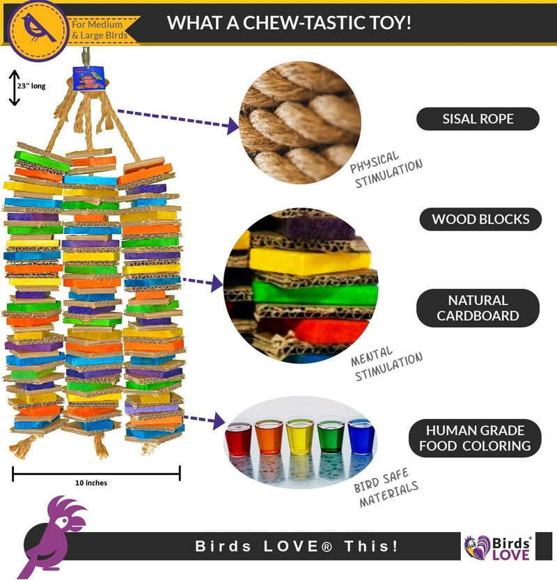 Birds LOVE Chew-Tastic Triple Tower of Shredded Fun Colorful Safe Lots of Wood to Chew - Large Bird Cage Toy for African Greys, Amazons, Eclectus, Cockatoos, Macaws and Similar Sized Birds
