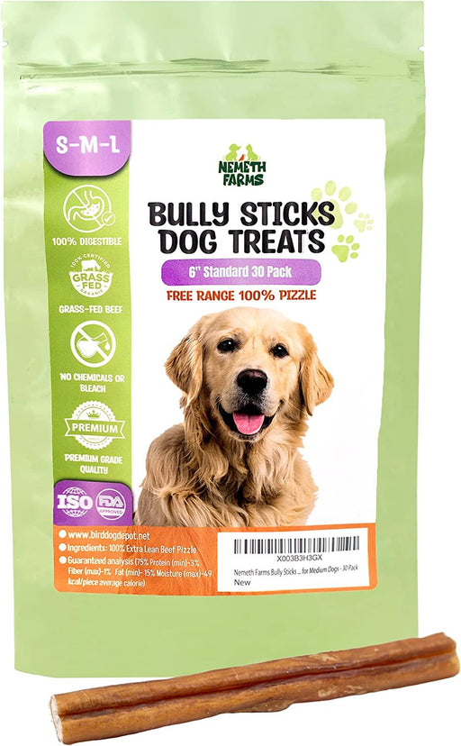 Nemeth Farms Bully Sticks for Dogs - 6" Dog Bully Sticks for Large Dogs, Standard Beef Bully Sticks for Small Dogs - Odorless Dog Chews Bully Sticks for Puppies, Bully Sticks for Medium Dogs - 30 Pack