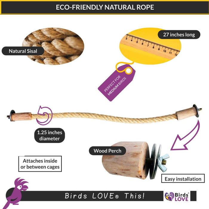 Birds LOVE All Natural Hand Crafted Sisal Bird Cage Perch with Coffeewood End Caps 25" L x .75" D for African Grey Cocaktoo Eclectus All Medium Birds