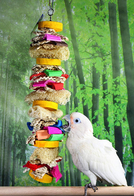 Birds LOVE Chewing Loofah, Colored Wood Circles, Grass, Crepe Paper Toy, Hanging Fun for Parrot Budgies Cockatoo Parakeet Cockatiel Cage Bite Toy – 19.50" Long